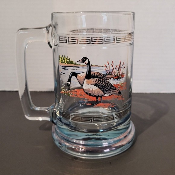 Vintage Ducks Glass Mug Beer Stein Gold Greek Key Accent Dad Father Bar Hunt 5" - Picture 1 of 10